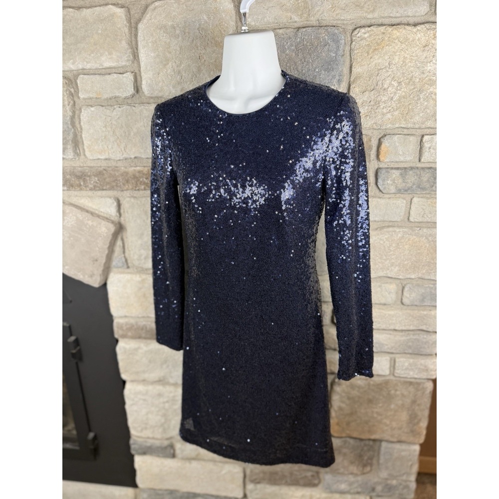 Vince Camuto Sequin Dress Size 0 Navy Blue Long Sleeve Mini Sheath Holiday Party